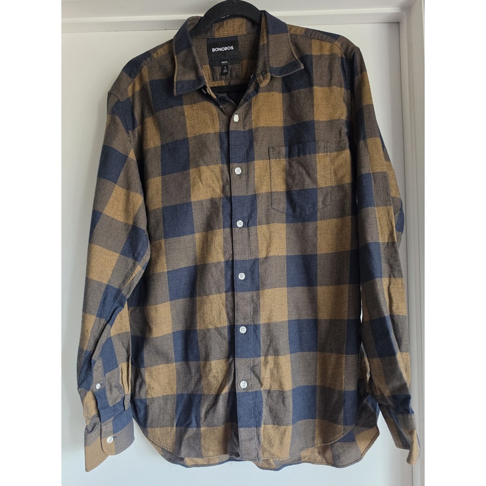 Bonobos Men L Plaid Cotton Shirt Long Sleeve Collared Button-Up Brown Navy